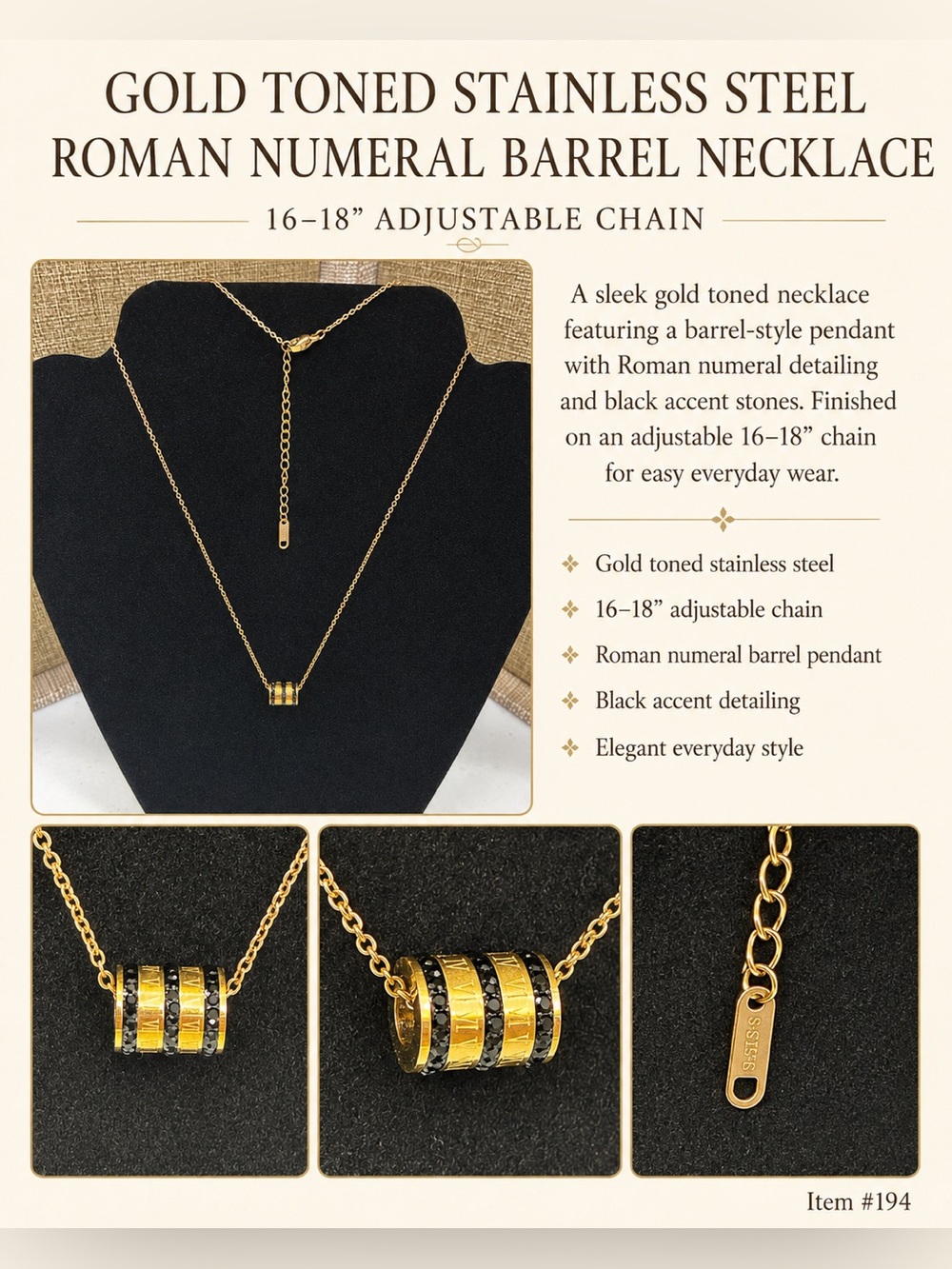 Gold-Toned Roman Numeral Barrel Necklace with Black Accents